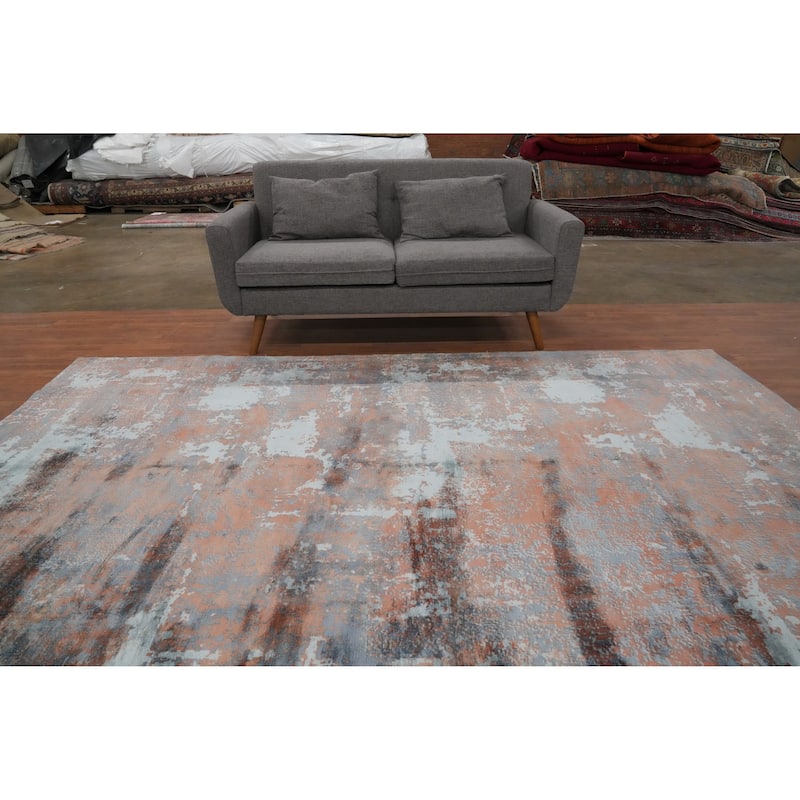 Hand Knotted Oriental Viscose Silk Carpet Modern Pictorial Multi-Colored Abstract Area Rug - 9' 11'' X 6' 5''