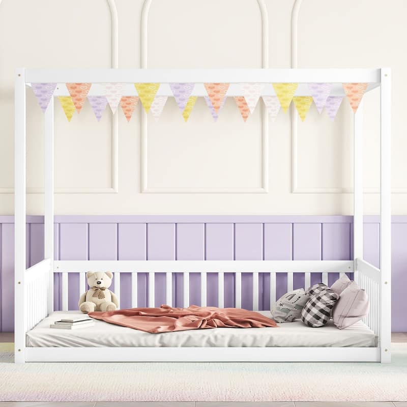 Full Canopy Frame Floor Bed with Safety Guardrails, Sturdy Pine Wood Design for Kids & Teens