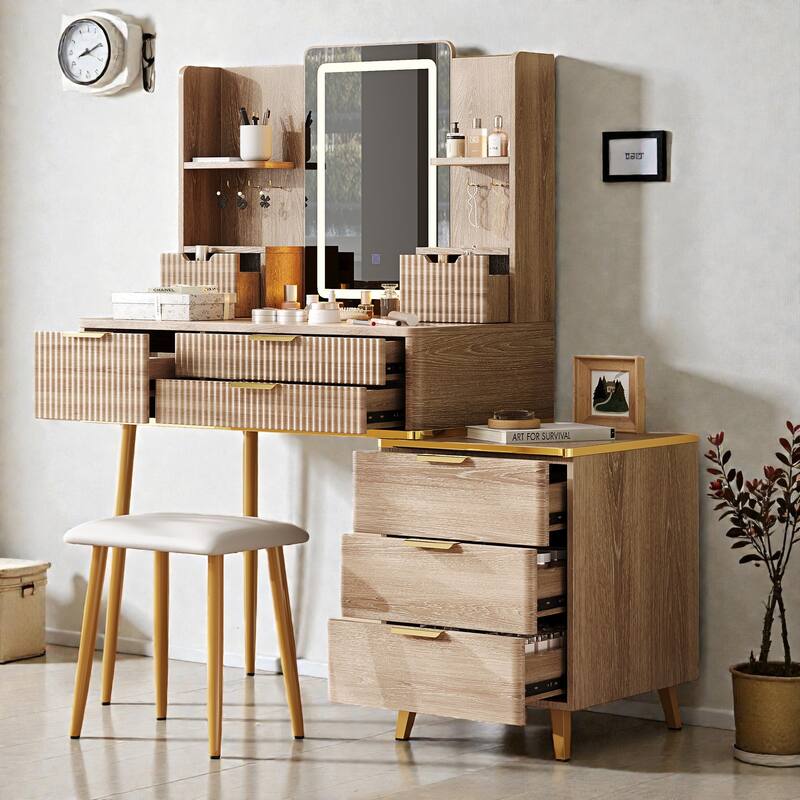 Fluted 7-Drawer Vanity Desk with LED Lighted Mirror, Jewelry Storage, Metal Legs & PU Stool for Bedroom Makeup