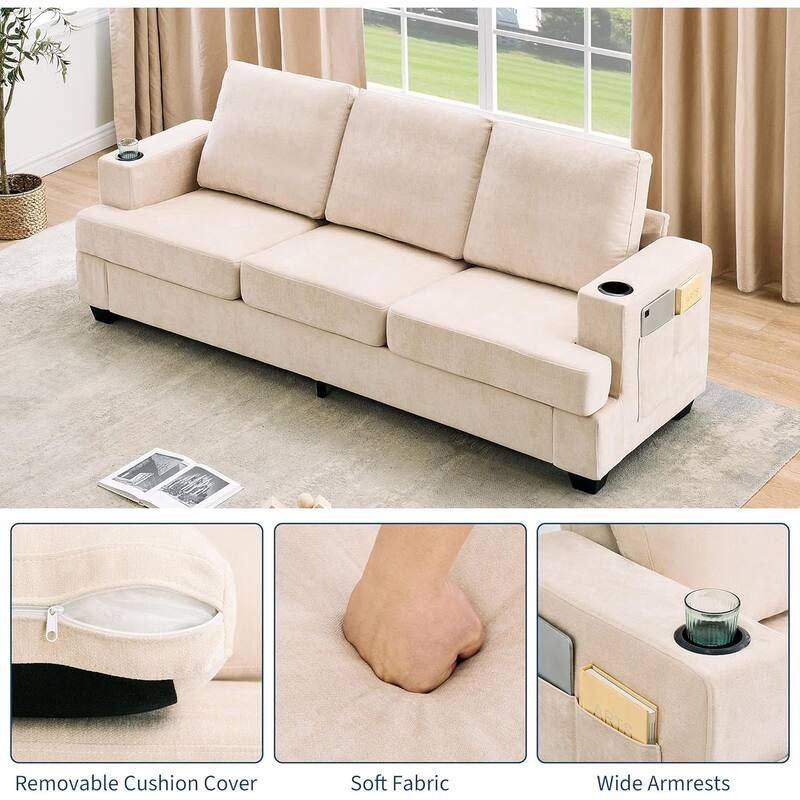 89" 3-Seater Sofa, Deep Seat Sofa, Modern Comfy Couches for Living Room with Cup Holders