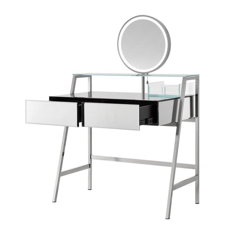 HomeRoots 34" Silver Mirrored Glass and Stainless Steel Two Drawer Vanity Table With Mirror And Lights