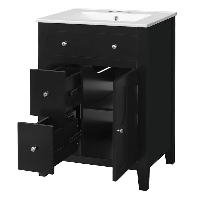 24" Modern Bathroom Vanity with Ceramic Basin - Restroom Sink Cabinet with 2 Drawers