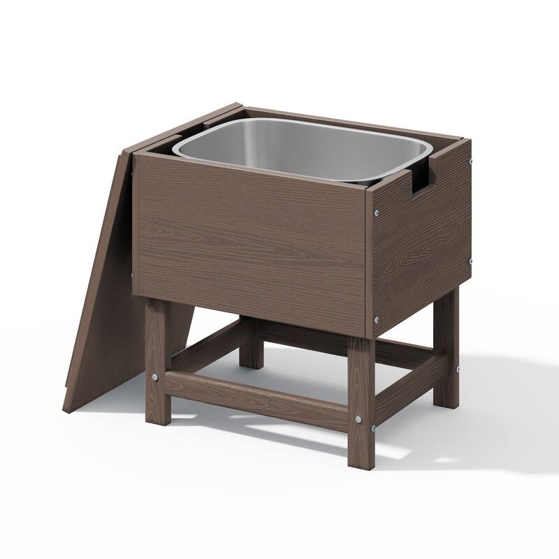 Outdoor Patio Weather Resistant HDPE Coffee & Side Table, Build-in Stainless Steel Cooler Bucket - Brown