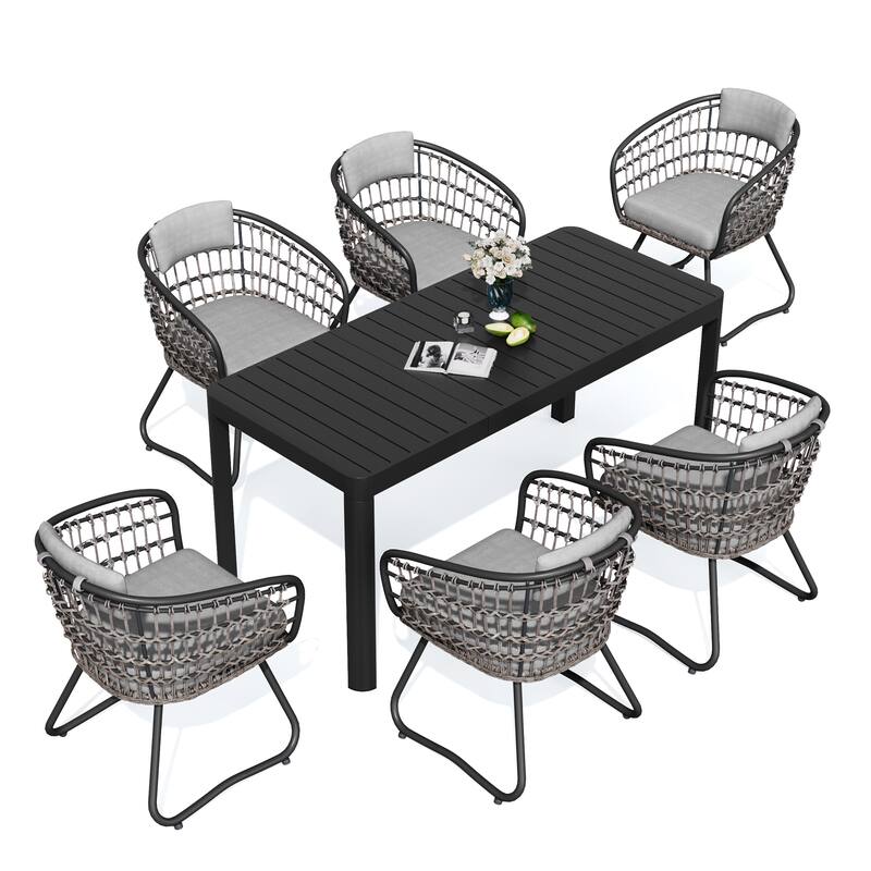 7/9PC Outdoor Aluminum Expandable Patio Dining Sets Extension Table with Rattan Chair