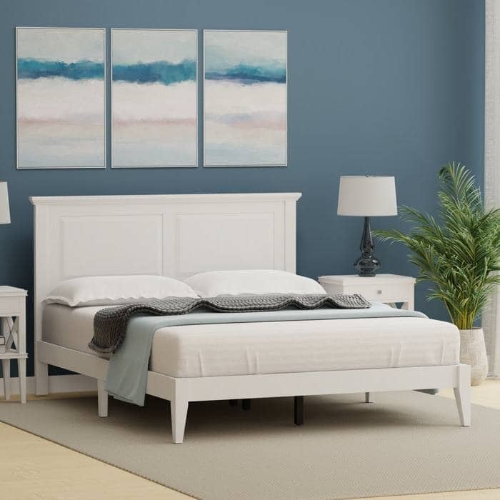 Solid Oak Platform Bed with Tapered Legs and Headboard - White - Queen