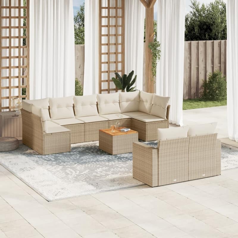 vidaXL Patio Sofa Set with Cushions Outdoor Furniture 10 Piece Poly Rattan - 21.7 x 21.7 x 14.6 - Beige Table + 5x middle + 2xcorner