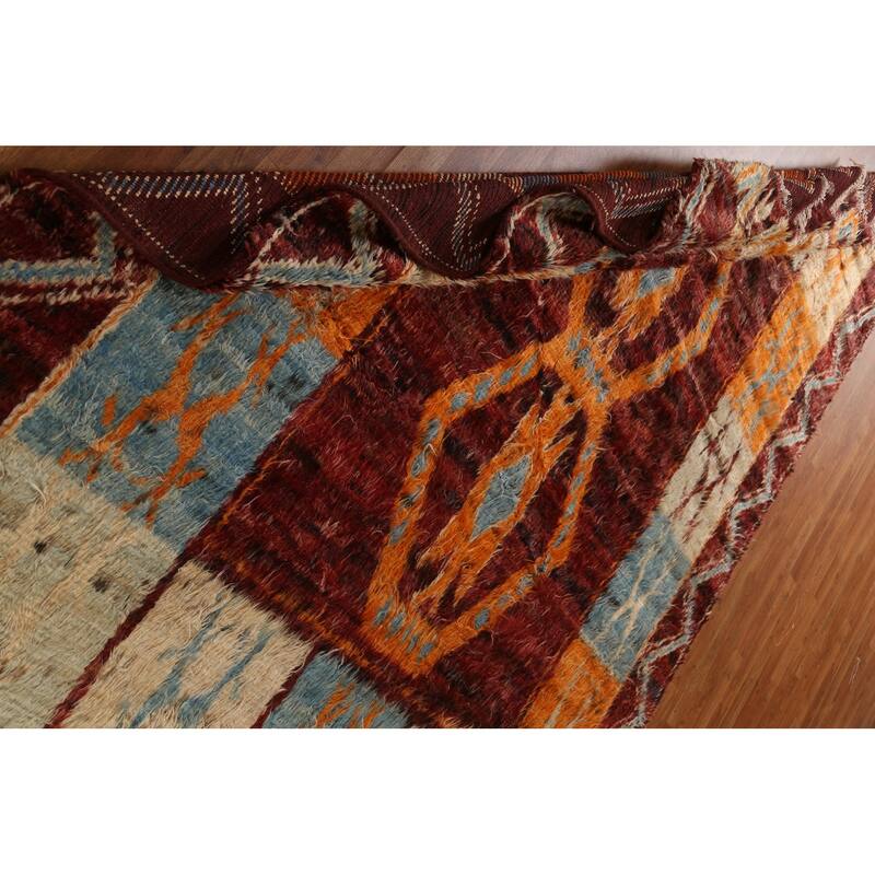Hand Knotted Oriental 100% Wool Carpet Modern Tribal Red Moroccan Area Rug - 9' 9'' X 7' 0''