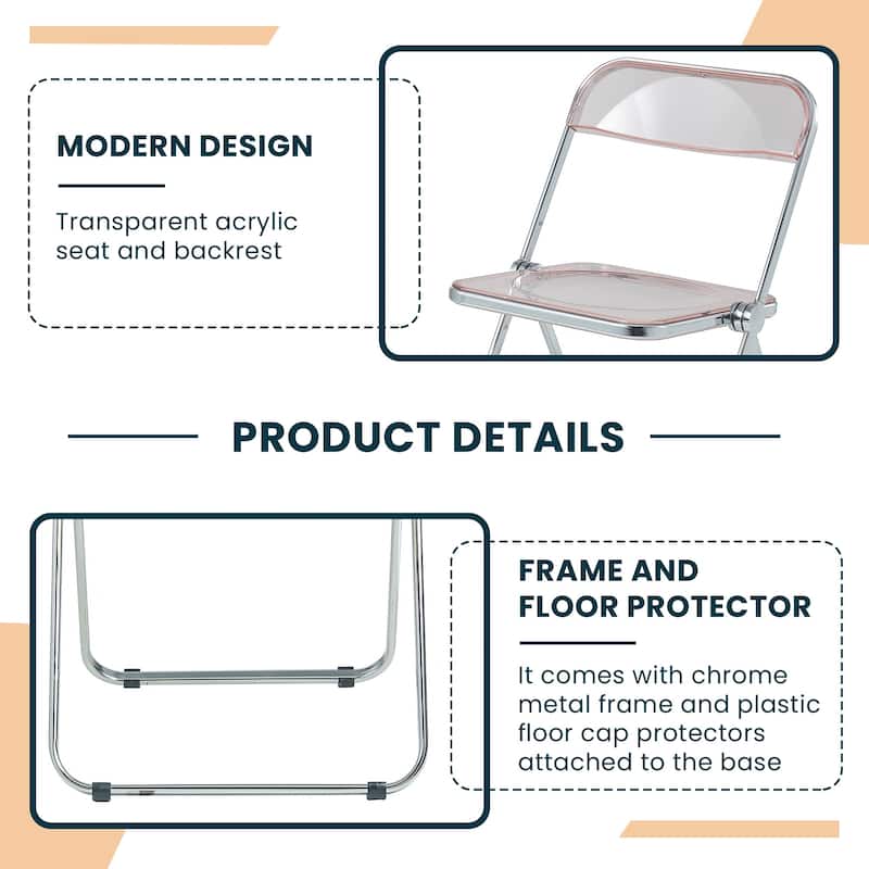Lawrence Modern Clear Acrylic Transparent Folding Chair with Chrome Steel Frame for Condos and Apartments Set of 4 - 30"