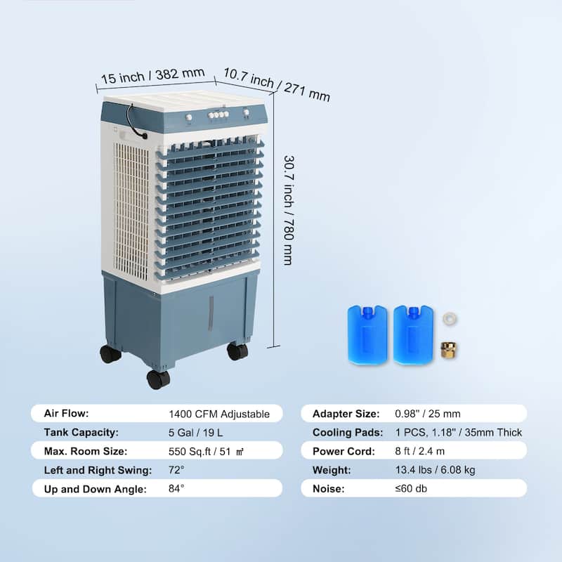 Evaporative Cooler, 1400 CFM Air Cooler, 84° Oscillating Swamp Cooler ,5 Gal Portable Air Cooler for 550 Sq.ft - 1400 CFM