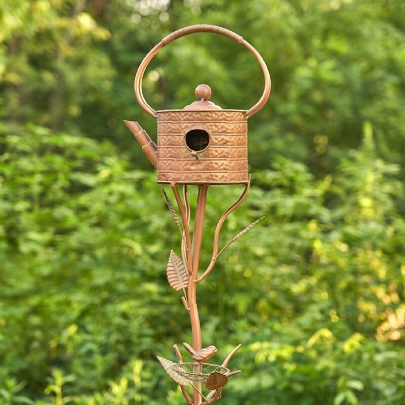 Antique Copper Teapot Birdhouse Garden Stake "Ribbed Octagonal Teapot" - 10.75" L x 8.5" W x 65" H - Brown