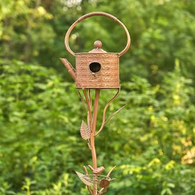 Antique Copper Teapot Birdhouse Garden Stake "Ribbed Octagonal Teapot" - 10.75" L x 8.5" W x 65" H