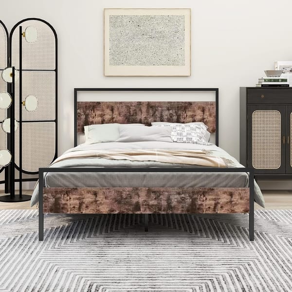 Image showcasing NNV Modern Industrial Bed Frame Metal Platform with Rustic Wooden ...