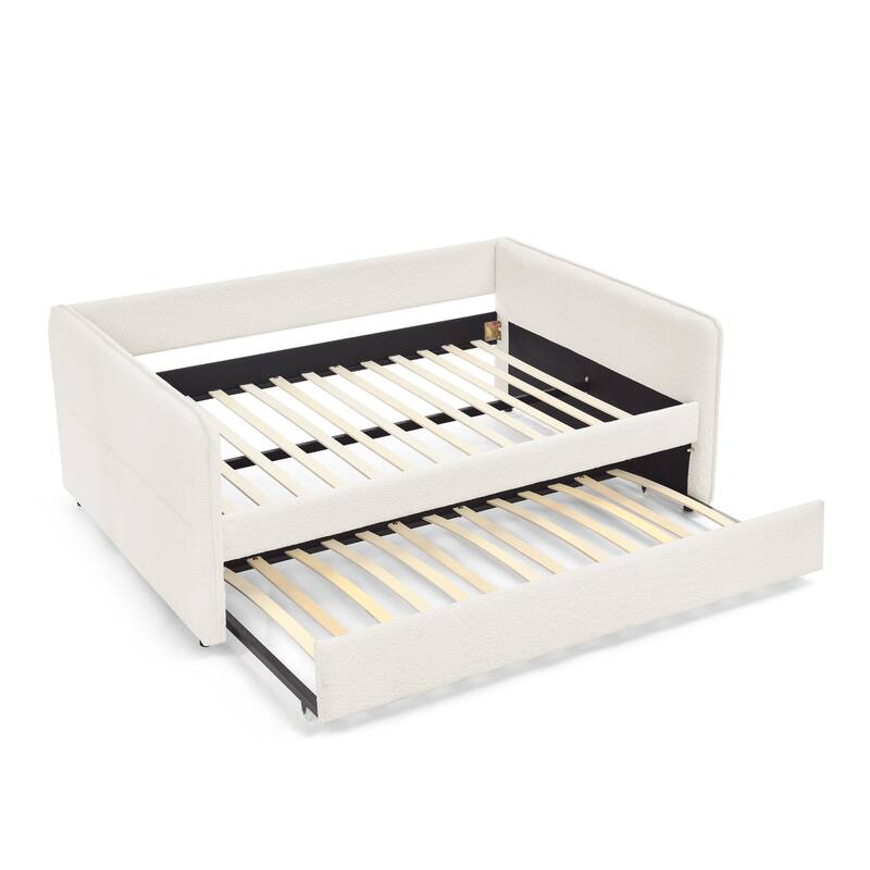 Roomfitters Twin/Full Boucle Daybed with Trundle, Upholstered Sofa Bed Frame with Vertical Stripes, Beige