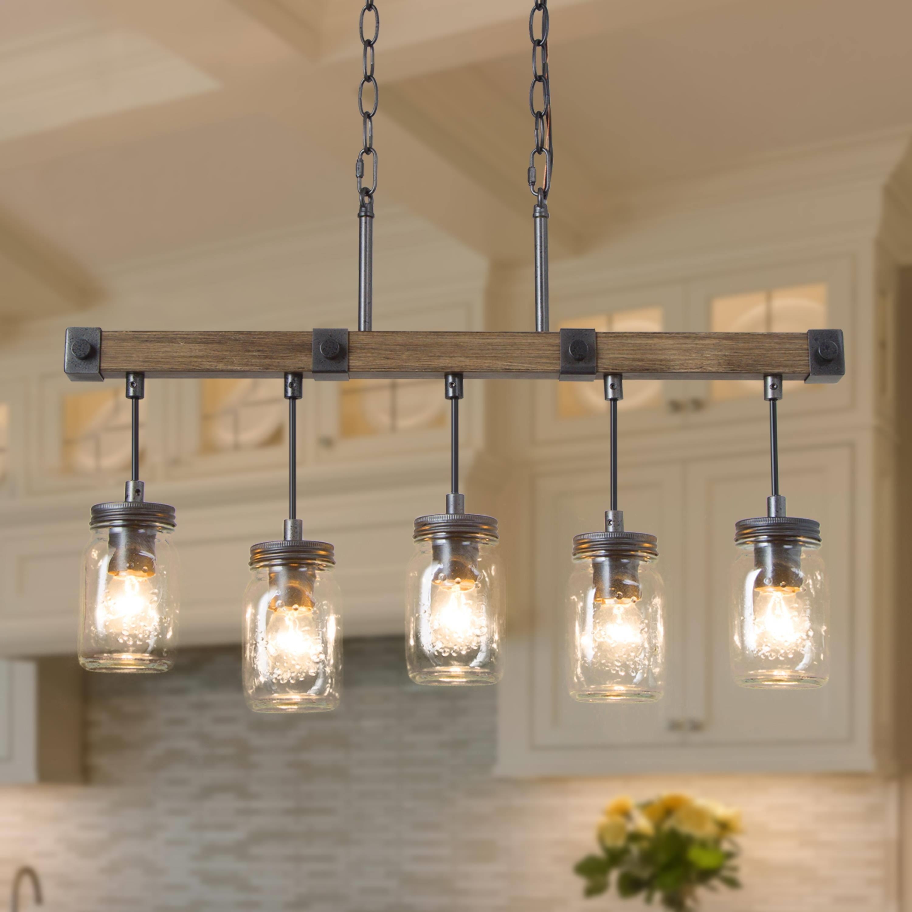 Walton Modern Farmhouse 5-Light Linear Chandelier Mason Jar Glass Kitchen Island Light - L 25.5" x W 3" x H 17"