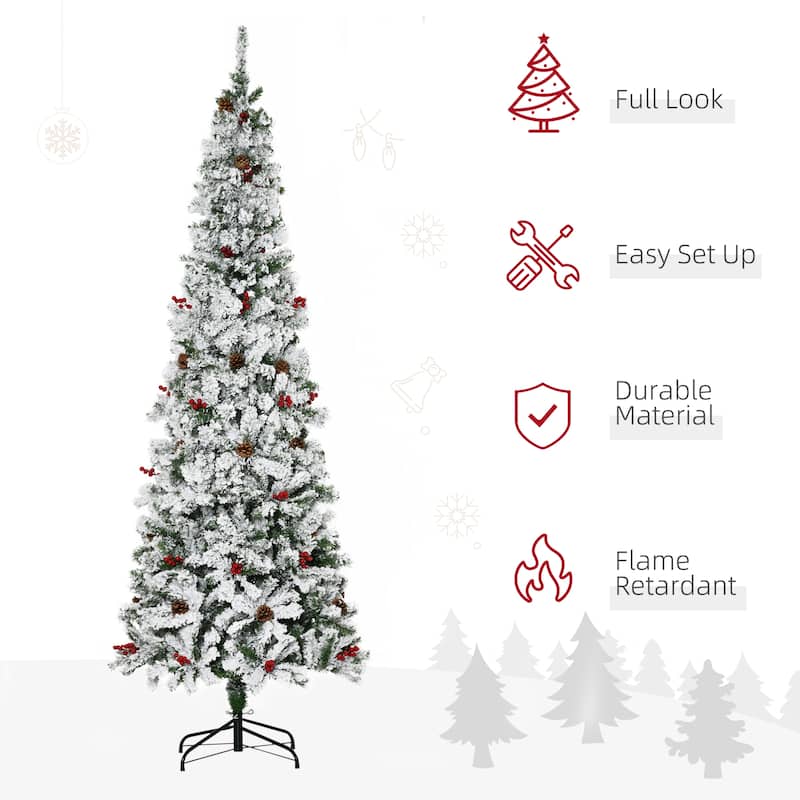 HOMCOM Snow Flocked Pencil Christmas Tree - Realistic Pine Branches, Pine Cones, Red Berries, Auto Open, Green