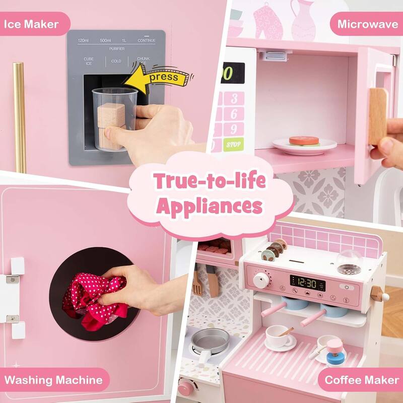 Pretend Kids Kitchen Playset Wood Toy Kitchen w/Sound for Aged 3+