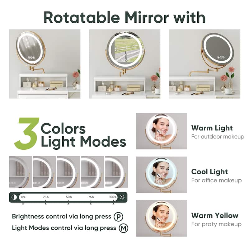 Makeup Vanity with Round Mirror, Lights, 2-in-1 Nightstand, a Chair