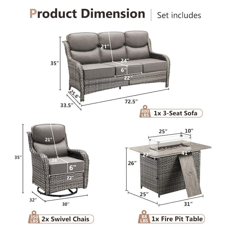 Pocassy 4PCS Outdoor 6Inch Sofa Swivel Chair w/ Fire Pit Table