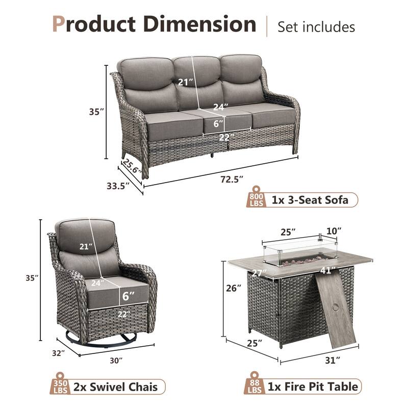Pocassy Outdoor 6 Inch Sofa Chair Ottoman with Fire Pit Table Set