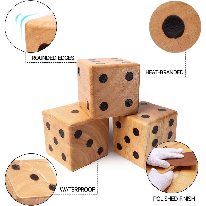 GSE™ 3.5" Rubber Hardwood Giant Yard Dice Set with Carrying Bag and Yardzee & Farkle Scorecard - Giant Dice Set