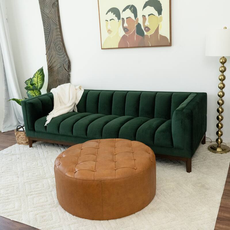 Salvador Mid Century Round Genuine Leather Ottoman in Tan