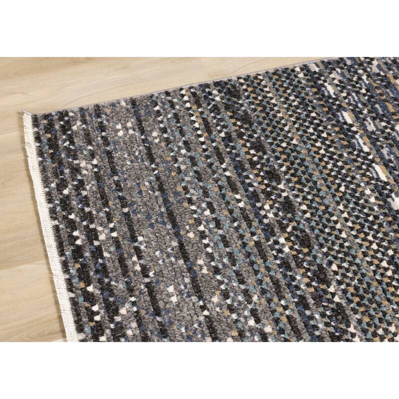 Cali Collection -Blue/Grey/White Texture Banded Pattern Rug