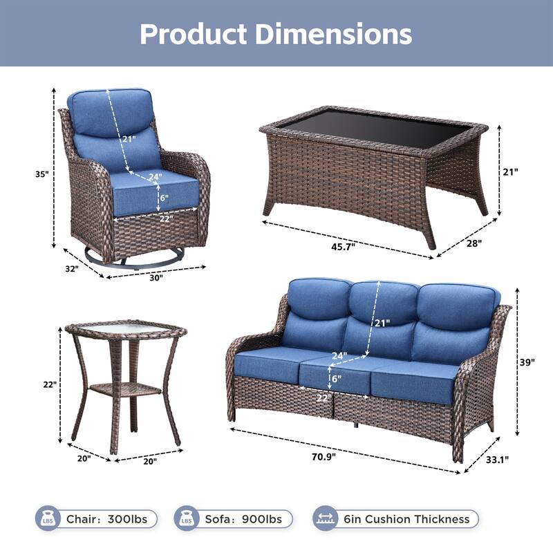 Meyreso 7-Piece Wicker Patio Conversation Set with Swivel Gliders and 6-Inch Thick Cushions