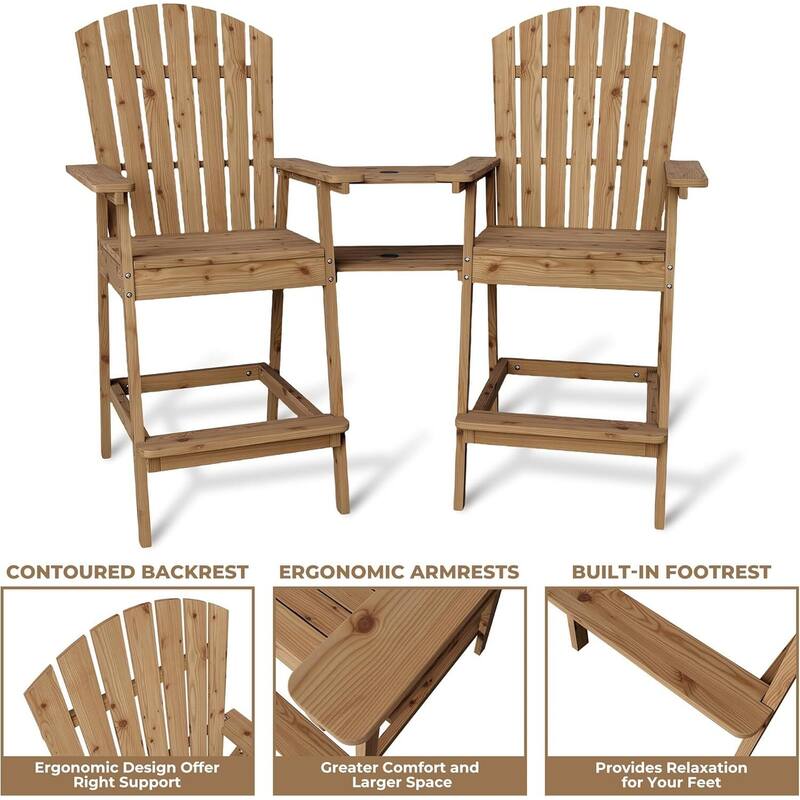 Set of 2 Outdoor Tall Adirondack Chairs Barstools for Deck, Balcony, Backyard, Patio Bar
