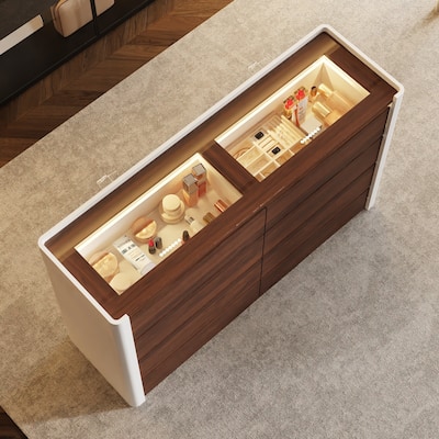 8-Drawer Dresser w/Glass Top, Pine Wood Frame, LED Display Closet Cabinet