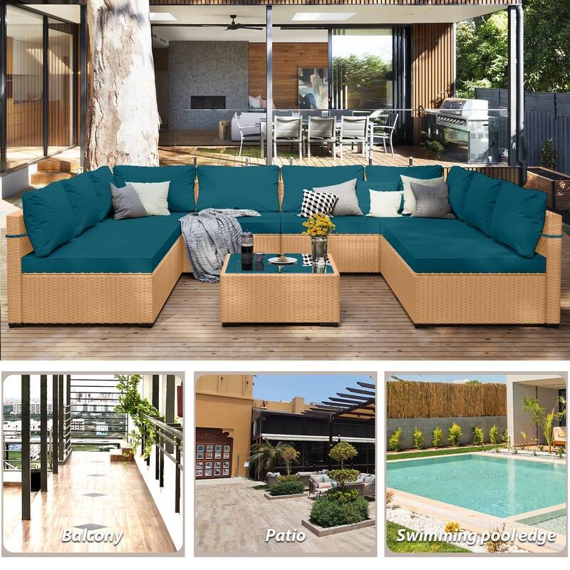 Patio Watcher Patio Conversation Set 9-Piece Yellow Wicker Sectional Seating Group with Cusions