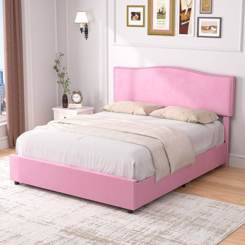 VECELO Upholstered Bed Frame with 4 Storage Drawers Full Queen Heavy Duty Platform with Adjustable Linen Headboard