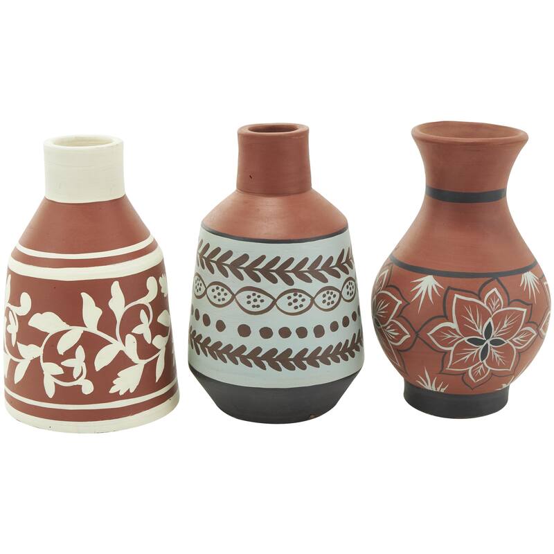 Ceramic Floral Decorative Vase with 3 Different Patterns and Shapes - Set of 3 Orange - Roche River Decor