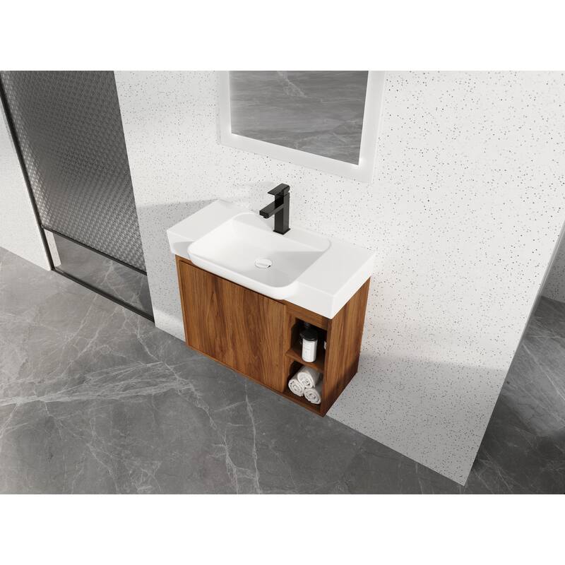 28'' Wall-Mounted Bathroom Vanity with White Ceramic Sink & Soft-Close Door, KD-Packing