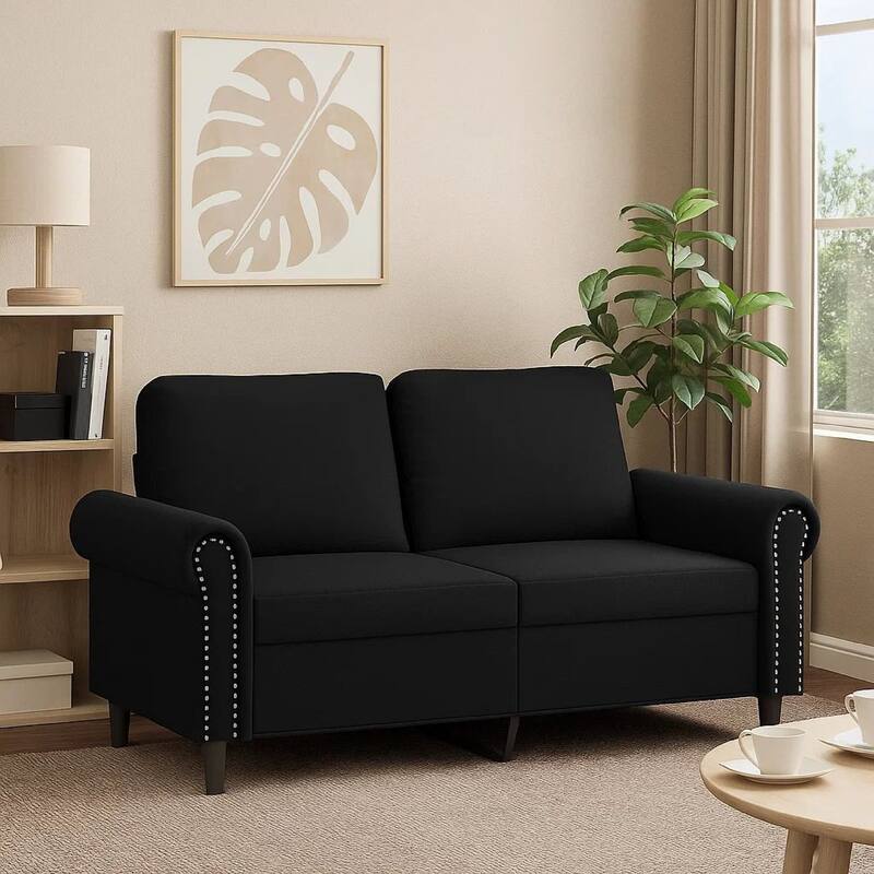 2 Seater Sofa, Nailhead Trim Black Faux Leather Cushions, 60 Inch