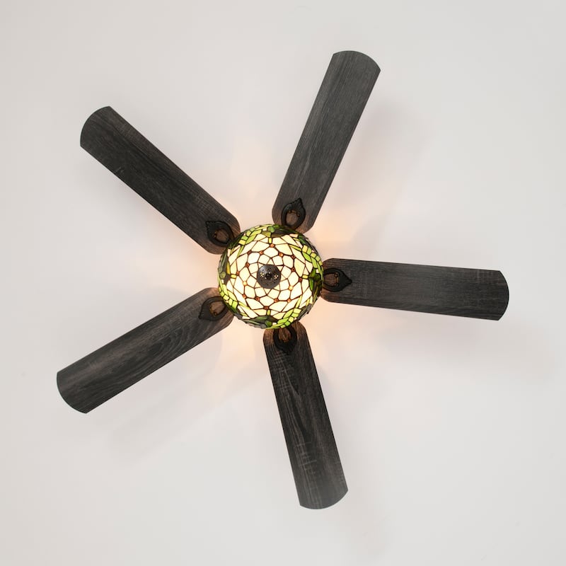 Kyemon 52-Inch Flushmount Lighted Ceiling Fan White Green Fronds Tiffany Glass Lamp Black Finish
