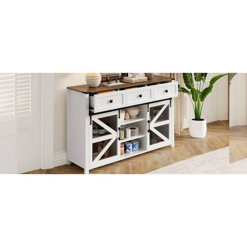 Roomfitters 55" Sideboard Buffet Cabinet with 3 Drawers and Sliding Barn Doors, Farmhouse Storage for Kitchen & Dining