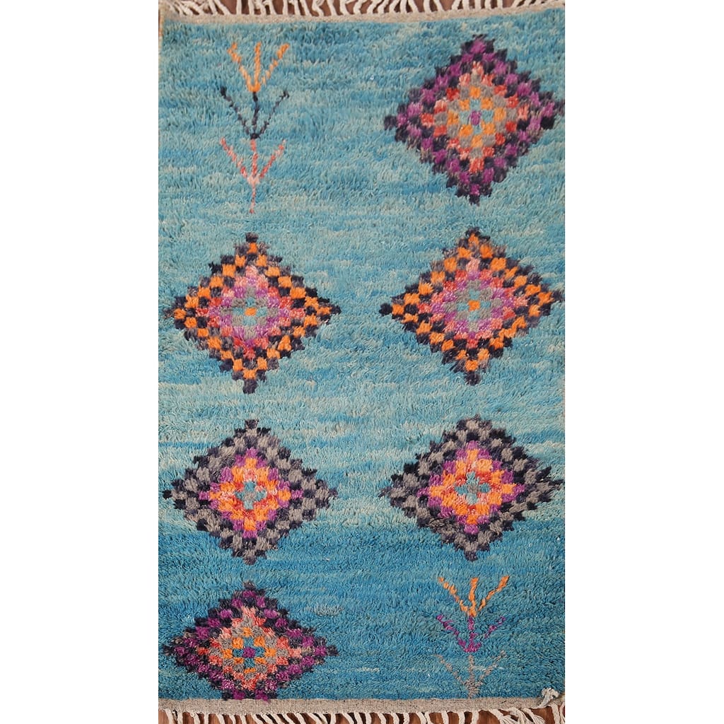 Plush Geometric Blue Moroccan Accent Rug Hand-Knotted Wool Carpet - 3'1" x 5'7"