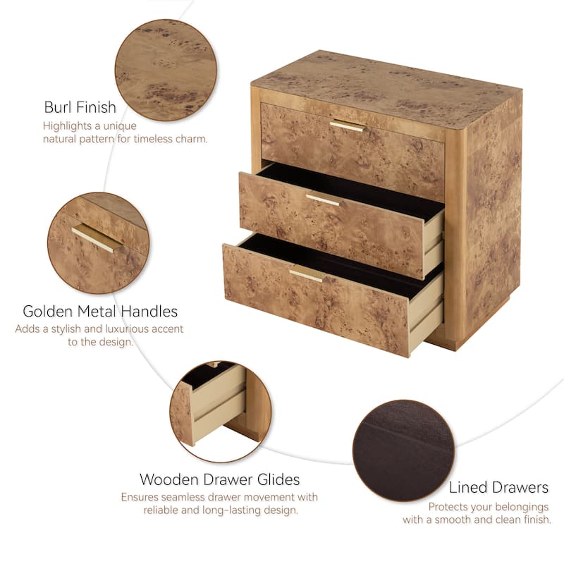 COZAYH Burl Finish Nightstand, Rustic Farmhouse Dresser, Vintage Accent Wood Storage Bedside Table, Fully Assembled