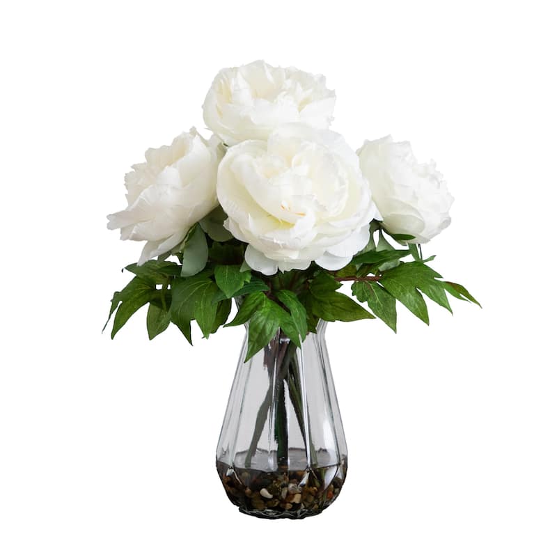 Peony Floral Arrangement with Glass Vase - 16" - White and Green