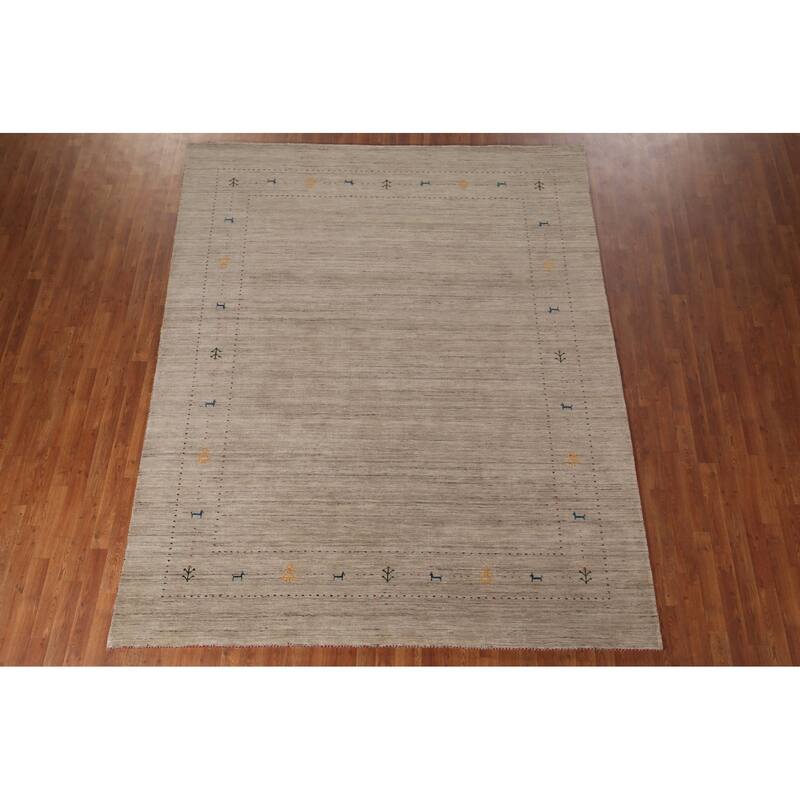 Tribal Gabbeh Indian Rug Hand-Knotted Oriental Beige Wool Carpet - 7'11"x 9'9"