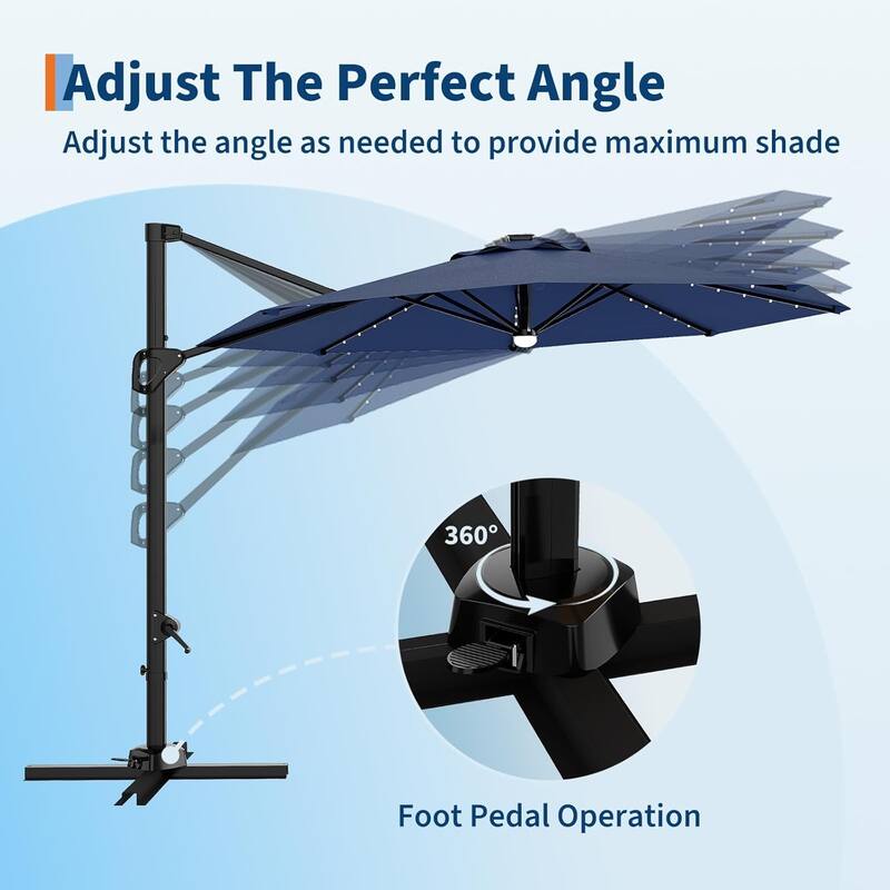 10FT Cantilever Patio Umbrella with Solar Lights, 360° Rotation Offset Umbrella