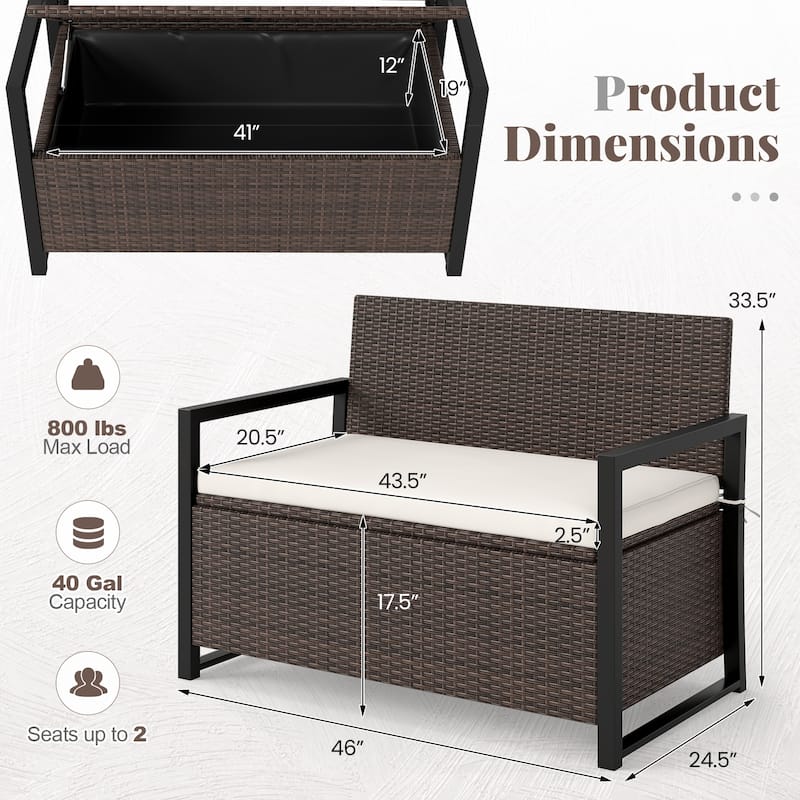 Patio Rattan Storage Bench with 40 Gallon Deck Box and Seat Cushion for Backyard or Garden - 24.5" x 46" x 33.5"