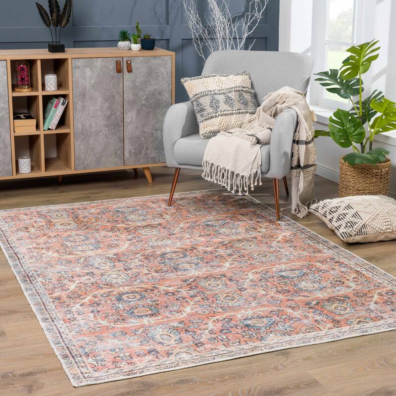 Hauteloom Georgia Machine Washable Persian Oriental Traditional Area Rug - 9'2" x 12' - Peach, Pink, Rose Cream, Blue, Brown, Charcoal