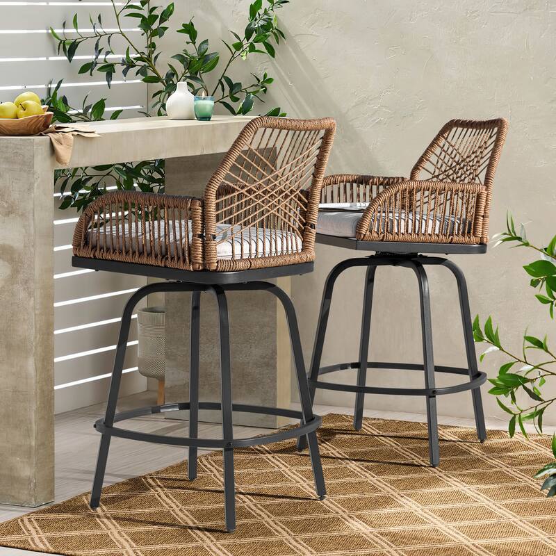 2-Piece Twisted Rattan Patio Bar Stools Set with Cushions, Swivel Design