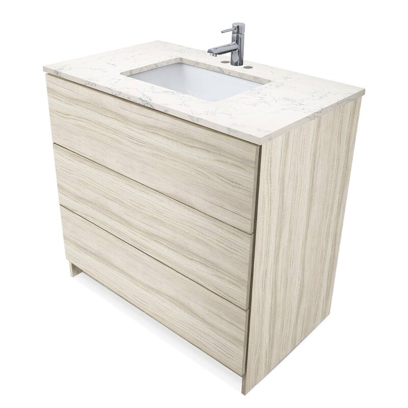 Element Standing 36 in x W x 22 in D x 35 in H Bathroom Vanity in Ebony with Galaxy Grey Quartz Top - Lyra White - White Oak
