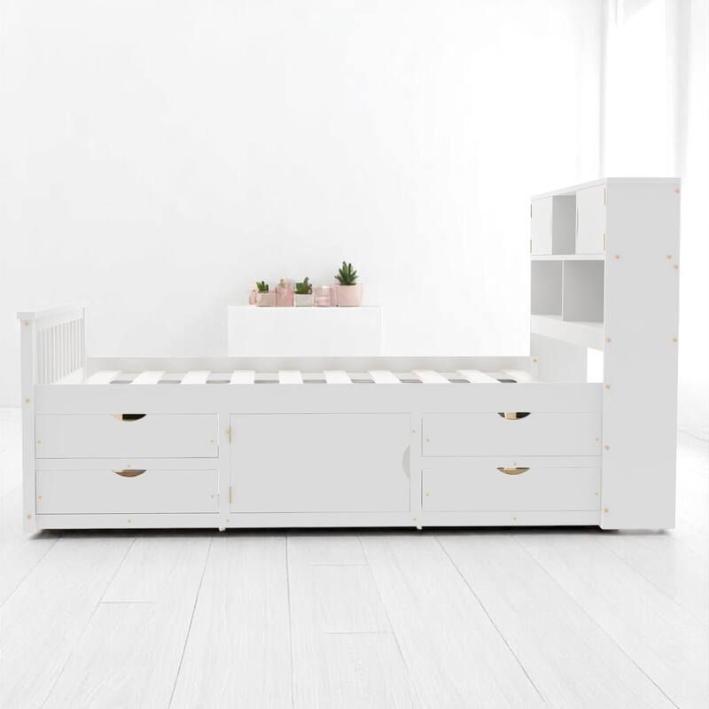Full Size Captain Platform Bed with Bookcase Headboard, 4 Storage Drawers, and Adjustable Shelves, Gray Wood Frame
