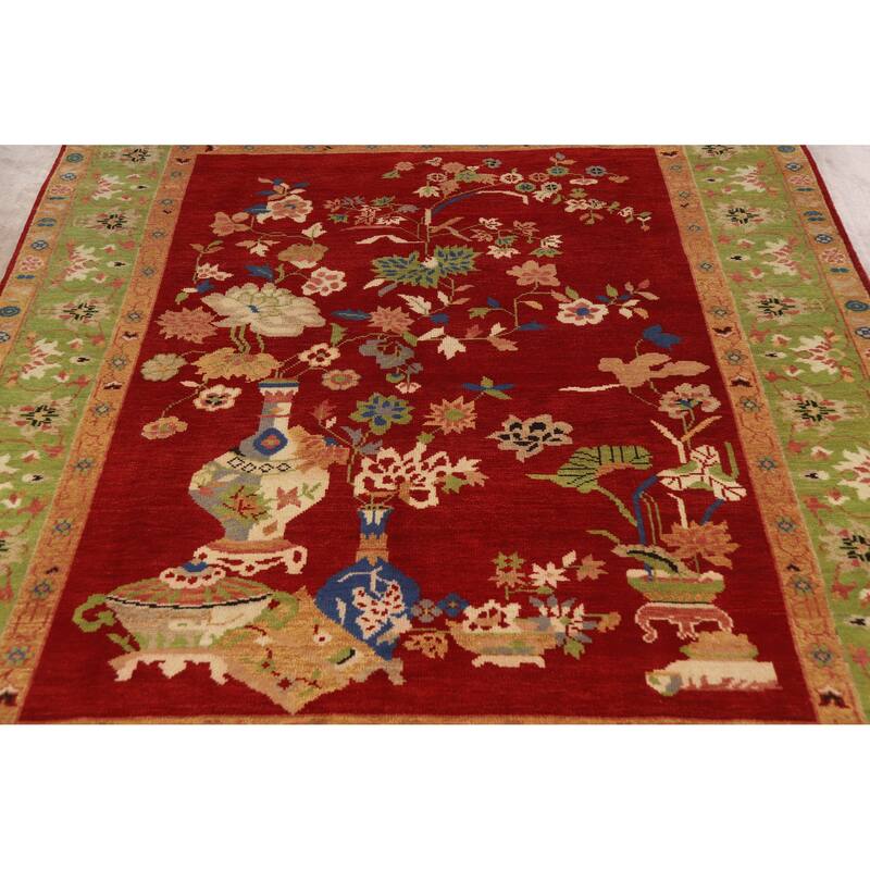 Red Pictorial Floral Heriz Serapi Indian Rug Hand-Knotted Wool Carpet - 7'11" x 10'0"
