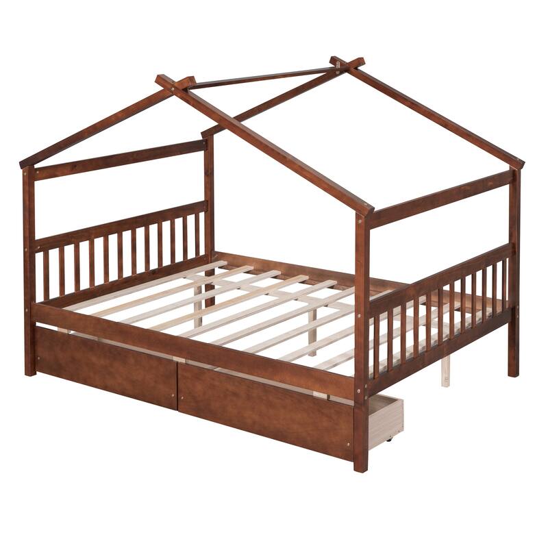 Kids' Twin/Full Wooden House Bed with Drawers, House-Shaped Frame, and Pine Wood Construction