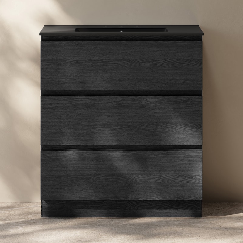Liberte 30" Freestanding Bathroom Vanity In Black Oak With Black 3-Hole Widespread Sink Top - 30