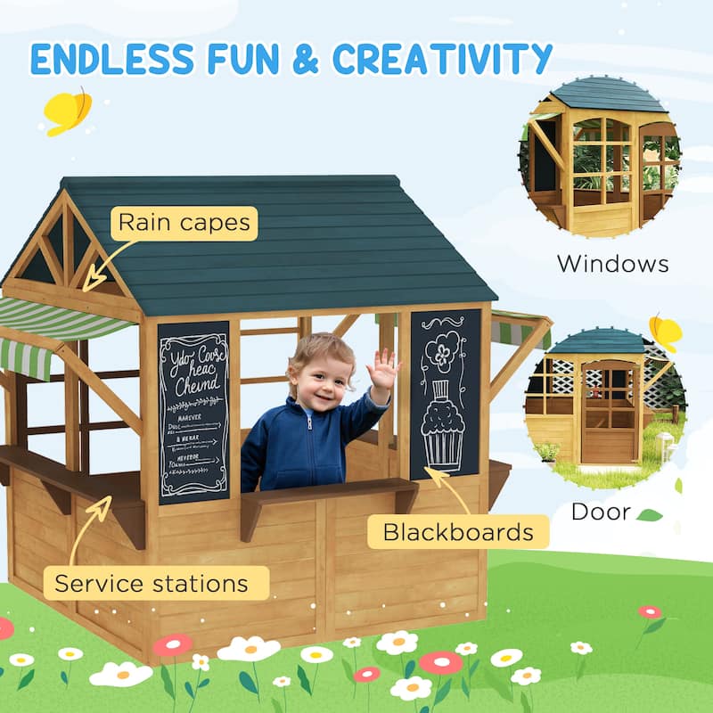 Brown and Blue Fir Wood Kids Playhouse with Door and Windows for Backyard Outdoor Fun Ages 3 to 8 - 68.1" L x 46.1" W x 56.7" H